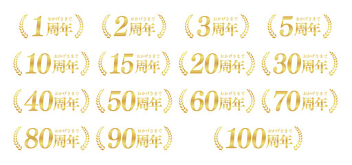 横長ゴールド周年月桂冠ロゴセット（1〜100周年）｜高級感アニバーサリーベクター素材