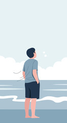 Obraz premium Serene Solitude A Young Man Gazes Out At The Calm Ocean Waters
