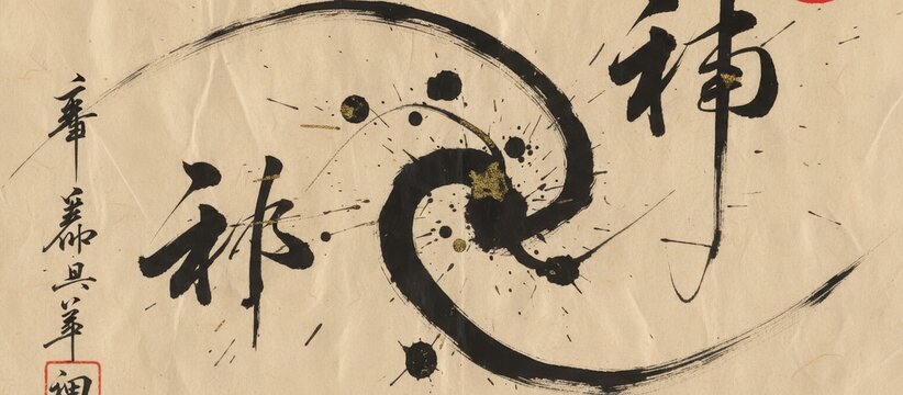 Abstract Calligraphy With Ink Splatters And Spiral. Japanese Patterns