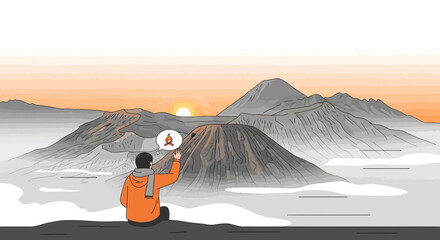 Fototapeta premium Serene Sunrise Over Volcanic Peaks With Contemplative Wanderer