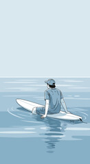 Naklejka premium Serene Surfer Boy Awaits Gentle Ocean Waves And Calm Waters