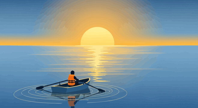 Serene Sunrise Over Calm Waters A Solo Journey In A Rowboat