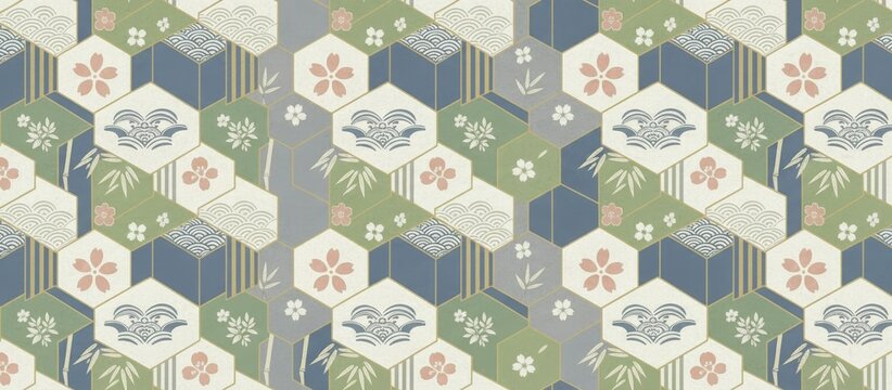 Japanese Geometric Hexagon Floral Pattern Background. Japanese Patterns