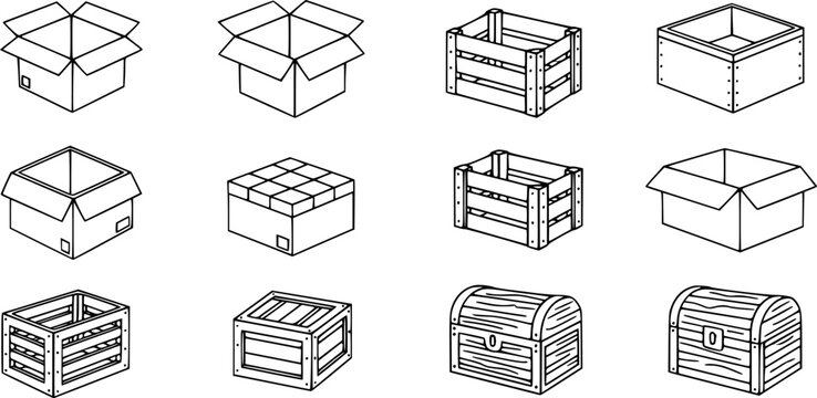 Wooden box isolated outline set icon. Outline set icon wood container . 