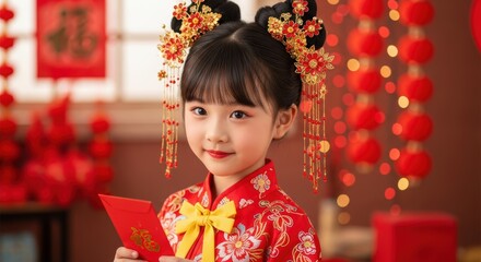 Young asian child holding hongbao in traditional red cheongsam surrounded by festive decorations