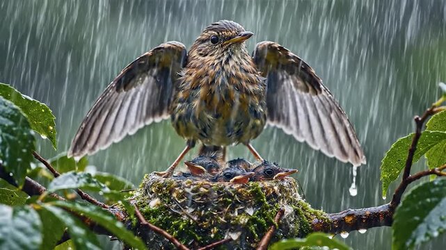 Mother bird protecting chicks in nest during heavy rain, wings spread wide