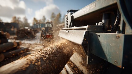 Fototapeta premium Heavy-duty industrial wood chipper processing large logs at an outdoor timber processing site