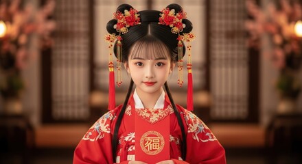 Young girl in elaborate red traditional attire holding a lucky red envelope indoors