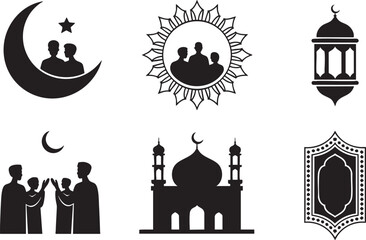 Various Islamic symbols of moon, people, lantern, and mosque silhouettes.