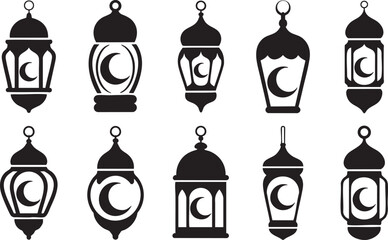 Set of ten different silhouette vector icons of Ramadan lanterns