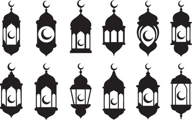Collection of Islamic lanterns with crescent moon designs, black silhouettes on white.
