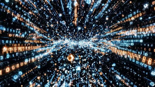 A digital illustration of a human head with vibrant blue and orange light particles emanating from it, creating a dynamic and futuristic effect against a dark background