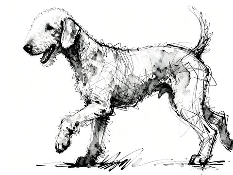 Minimalist abstract sketch series : happy Bedlington Terrier dog, isolated studio portrait of a canine pet in pure white background 007