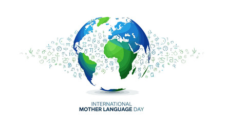 Illustration of a globe surrounded by language symbols on International Mother Language Day, promoting linguistic diversity and cultural awareness globally.
