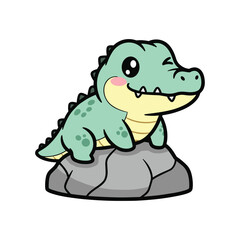 Obraz premium Cute green cartoon dinosaur sitting on rock smiling happy isolated character illustration