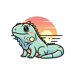 Naklejka premium Cute cartoon green dinosaur watching sunrise over horizon with wind lines illustration