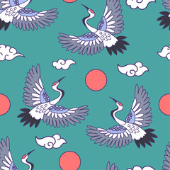 japanese style seamless pattern with flying cranes