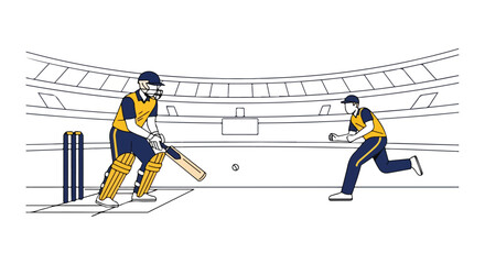 Line drawing of two cricket players in action on a field with stadium seating in the background.