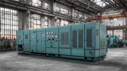 Powerful industrial air compressor unit with visible gauges and ventilation in a large factory setting.