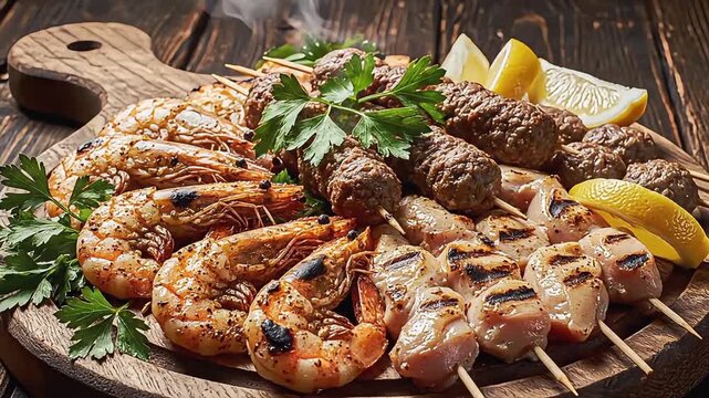 Steaming Mixed Grill Platter with Shrimp Kebab and Kofta