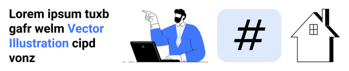 Fototapeta premium Man with laptop gesturing confidently, metadata tag sign, and house icon in clean modern aesthetic. Ideal for business, remote work, social media, digital marketing, home office, web services simple