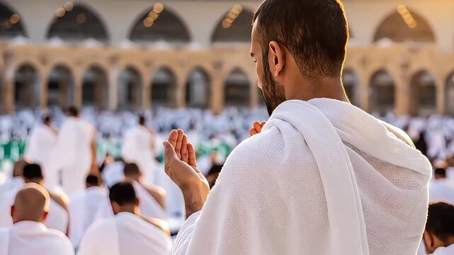 Dedicated Muslim Man Prays During Hajj Pilgrimage in Mecca