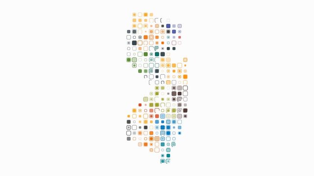 New Jersey animated shape. Pulsating colored dots on the map of the state. Large size rounded square blocks. Digital style New Jersey map on white background. Plain animation video.
