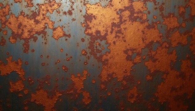 Detailed close-up of weathered metal surface with orange and blue rust patterns.