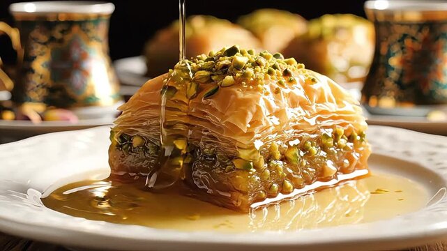 Pouring Sweet Syrup on Pistachio Baklava Pastry Dessert