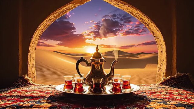 Traditional Moroccan Tea Set at Sunset Desert Archway View