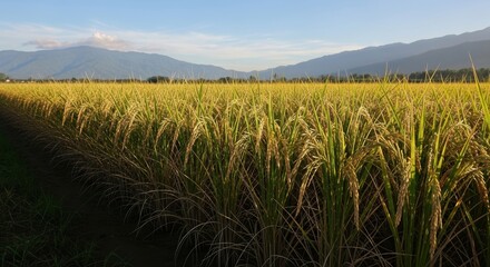 Ripe golden rice field extending towards distant mountain ranges under a clear evening sky