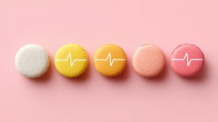 Fototapeta premium Macarons and Heartbeat: Colorful macarons, each a miniature edible artwork, arranged with precision against a soft, pastel backdrop, each with the symbol of a heartbeat