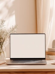 Fototapeta premium Laptop and flower at Desk: A laptop with a blank screen sits on a desk, next to a vase of flowers, creating a workspace. This scene captures the essence of productivity. 