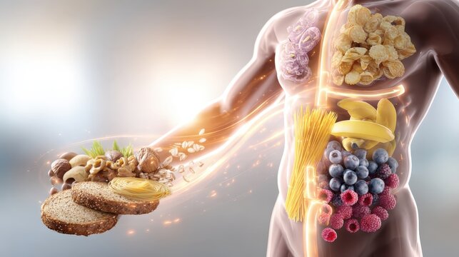 Nutritious Pathways: An artistic rendering unveils the internal journey of healthy food through the human body, from intake to nourishment, symbolizing vitality. 