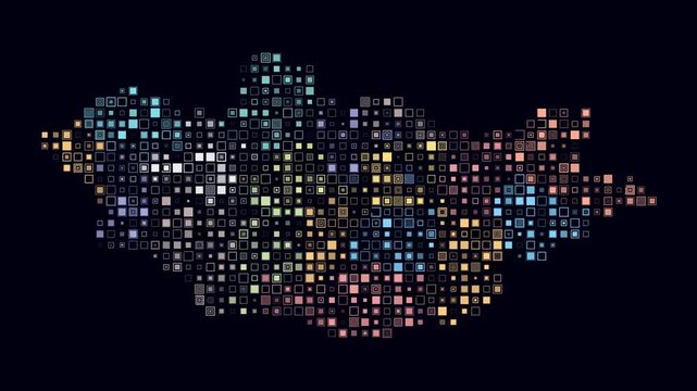 Mongolia map animation. Shape of the country with pulsating colored dots. Small size square blocks. Digital style Mongolia map on dark background. Classy video.