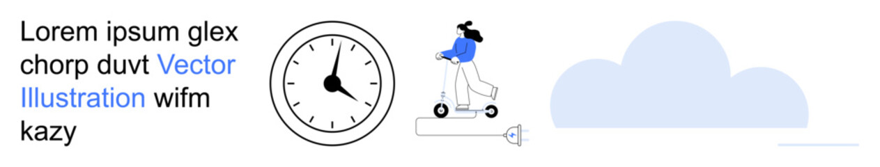 Fototapeta premium Eco-friendly transportation, time management, mobility, sustainability, commuting solutions, urban lifestyle. A person rides an electric scooter near a clock and cloud design. Eco-friendly