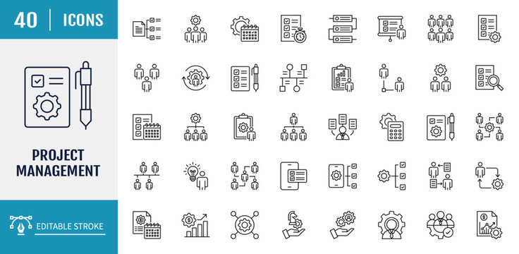 Project management icon set. Includes Planning, schedule, collaboration, development and time management concept and more. Outline icon set. Vector illustration with editable stroke