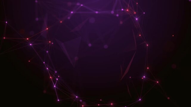 Abstract digital network background with glowing red and purple nodes connected by dynamic lines and geometric shapes, illustrating futuristic technology and data flow.