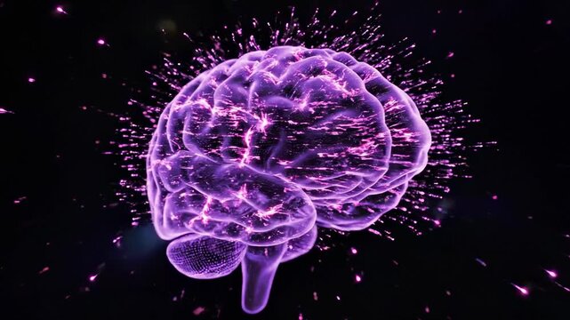 A vibrant purple brain with glowing neural connections on a dynamic black background