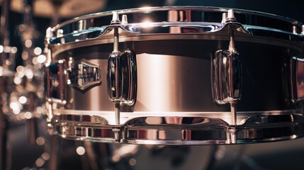 Detailed Close-Up of a Shiny Chrome Snare Drum Rim With Metallic Hardware.