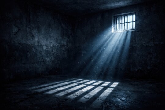 Dark prison cell or jail interior with light beams shining through a barred window onto the floor