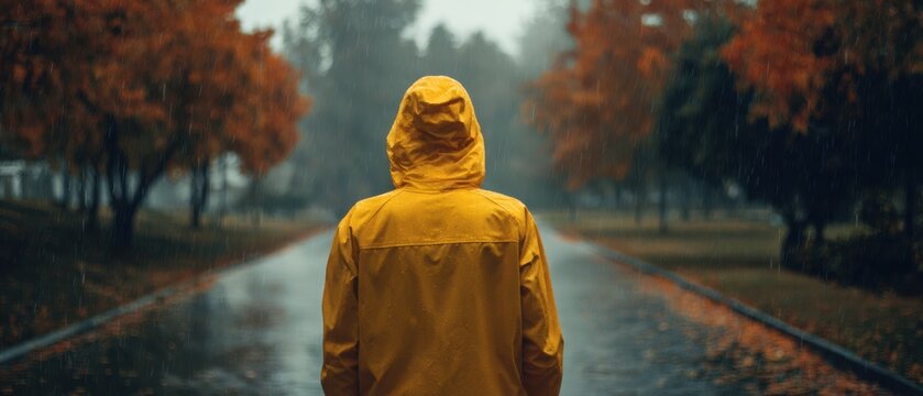 Person in a yellow raincoat standing in the rain, rear view of hood and back