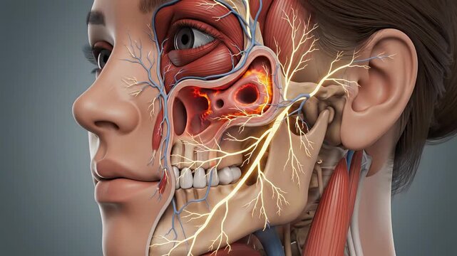 Close-up anatomical view of the human head, revealing intricate details of sinuses, nerves, and blood vessels, with highlights indicating an affected area.