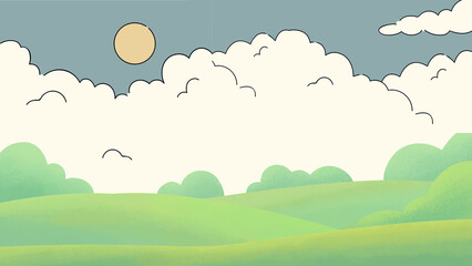 Fototapeta premium Digital background nature landscape with grass, clouds, and sky