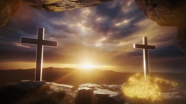 Crosses on hill and empty tomb with bright light at sunset.