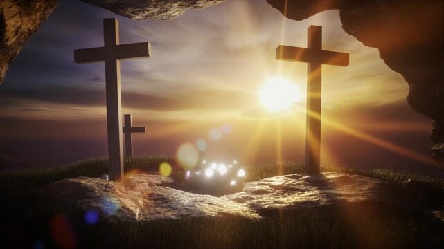 Crosses on hill and empty tomb with bright light at sunset.