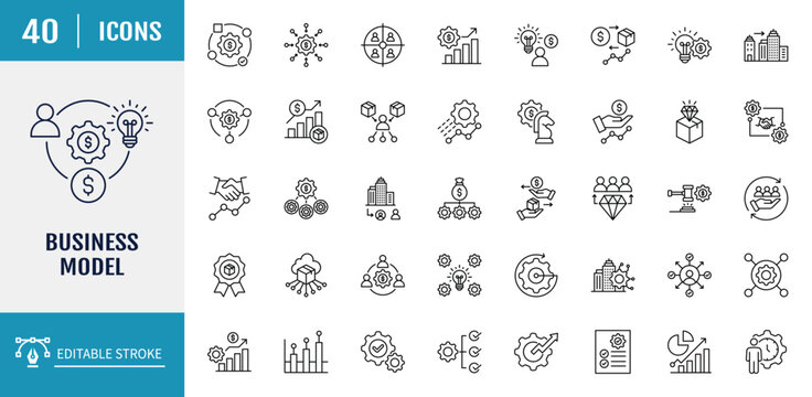 Business Model icon set. Includes Partner, Marketing, Start Up, Business, Retail, Revenue, BMC, Business Strategy, and more. Outline icon set. Vector illustration with editable stroke
