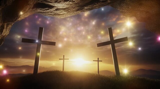 Crosses on hill and empty tomb with bright light at sunset.