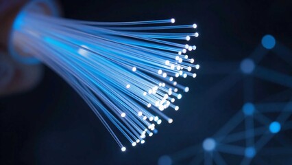 Obraz premium High speed fiber optics data cable with digital network background, telecommunication and broadband internet technology concept