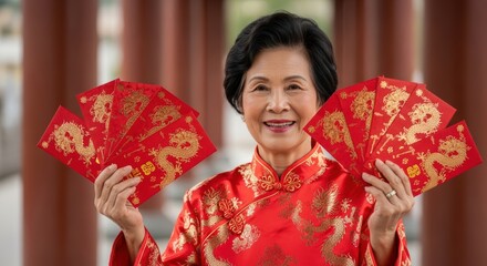 Senior asian woman holding red hongbao envelopes for chinese new year celebration
